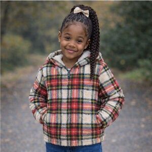 Old Navy Microfleece Hoodie Zip-Front Girl’s XS Tartan Plaid Christmas Holiday